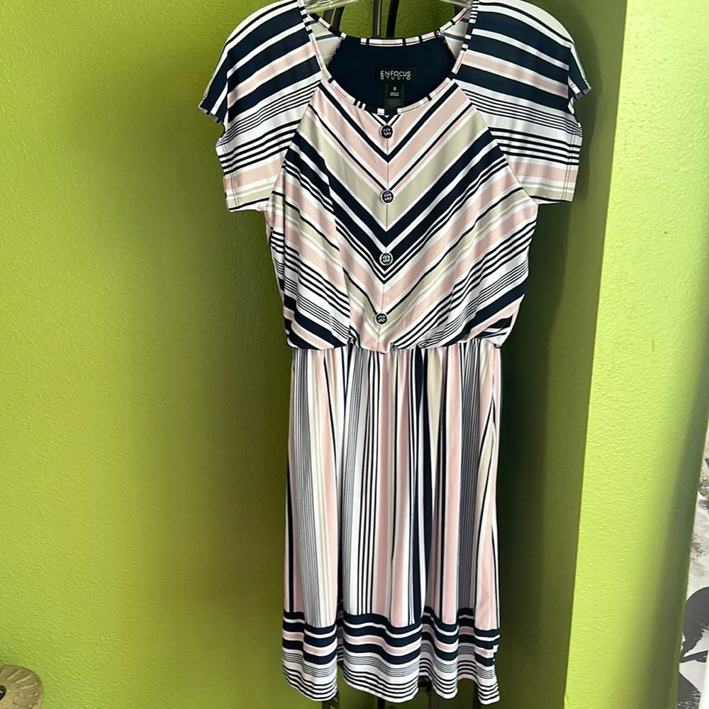 💖Enfocus boat neck navy, white, pink and taupe stripe dress with elastic waist - Picture 1 of 4